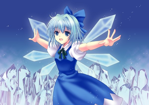 Anime picture 1280x904 with touhou cirno amou yuu single short hair open mouth blue eyes blue hair outdoors :d puffy sleeves spread arms girl dress bow hair bow wings blue dress ice pinafore dress