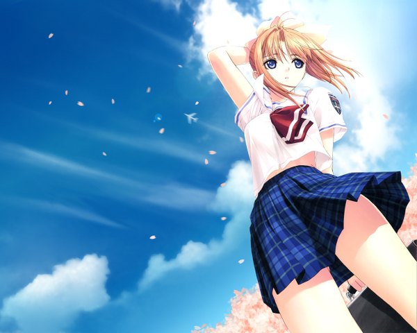 Anime picture 1280x1024 with after shiomiya kanami tony taka single fringe short hair blue eyes blonde hair payot looking away sky arm up sunlight girl aircraft airplane