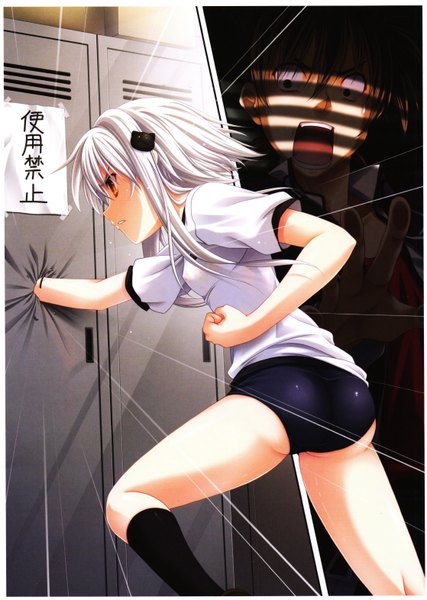 Anime picture 4472x6282 with highschool dxd toujou koneko hyoudou issei single tall image fringe highres short hair breasts open mouth light erotic twintails yellow eyes absurdres white hair profile inscription hieroglyph multiview angry