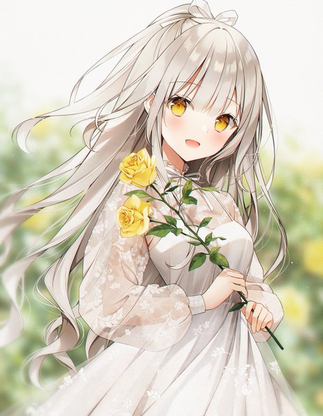 Anime picture 2556x3292 with original weri single long hair tall image looking at viewer blush fringe highres open mouth smile holding yellow eyes silver hair outdoors :d wind blurry half updo girl