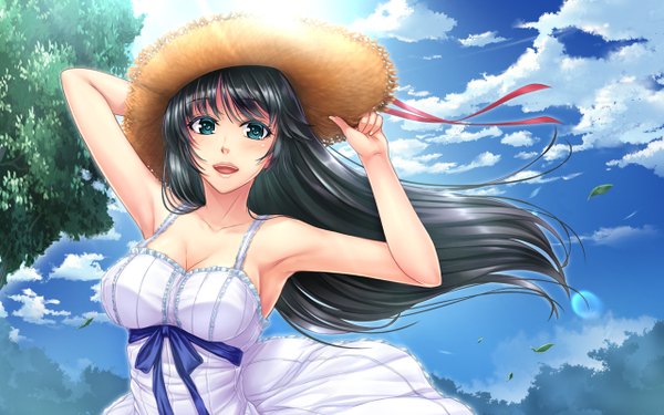 Anime picture 1280x800 with original kobapyon single long hair looking at viewer blush fringe breasts open mouth blue eyes black hair smile bare shoulders sky cleavage cloud (clouds) upper body outdoors :d aqua eyes