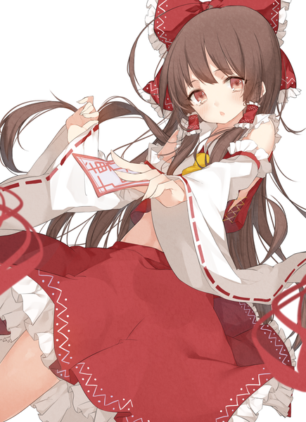 Anime picture 1543x2126 with touhou hakurei reimu kayahara (kayaka) single long hair tall image looking at viewer blush fringe open mouth red eyes brown hair white background holding ahoge traditional clothes japanese clothes fingernails wind wide sleeves