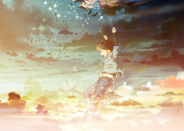 Anime picture 2480x1768 with original fusui single highres short hair blue eyes brown hair sky cloud (clouds) sunlight looking down flying fantasy boy animal bird (birds) pants necklace blouse