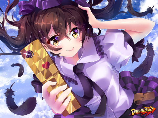 Anime picture 1250x938 with touhou danmaku!! himekaidou hatate squchan single long hair looking at viewer blush fringe smile hair between eyes brown hair twintails yellow eyes sky cloud (clouds) wind sparkle hand on head checkered skirt