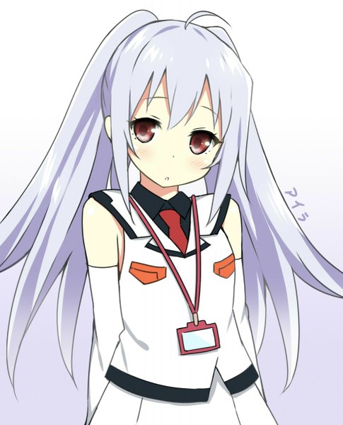 Anime picture 971x1200 with plastic memories isla (plastic memories) sky-freedom single long hair tall image looking at viewer simple background red eyes white background twintails girl skirt uniform detached sleeves necktie