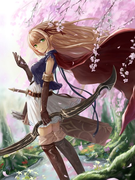 Anime picture 1370x1830 with shadowverse arisa (shadowverse) gohei (aoi yuugure) single long hair tall image looking at viewer blush fringe blonde hair hair between eyes standing holding green eyes payot parted lips head tilt looking back wind pointy ears