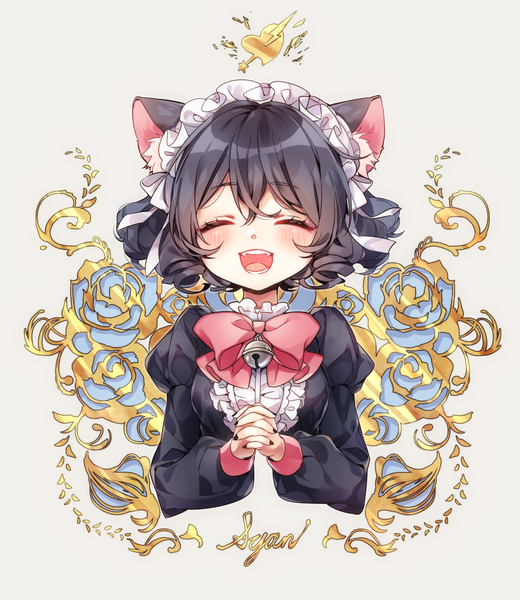 Anime picture 1049x1210 with show by rock!! studio bones cyan (show by rock!!) shimogu single tall image fringe short hair open mouth black hair hair between eyes animal ears upper body eyes closed nail polish cat ears drill hair bell collar hands clasped interlocked fingers