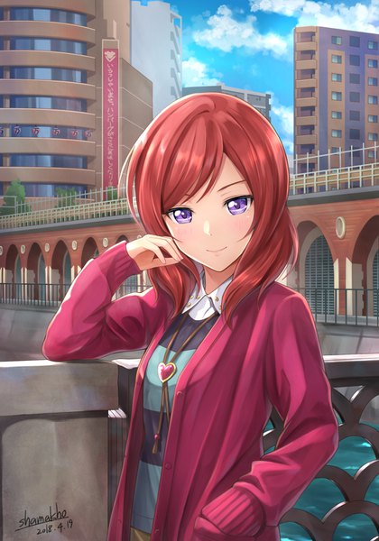 Anime picture 1028x1470 with love live! school idol project sunrise (studio) love live! nishikino maki shamakho single tall image looking at viewer blush fringe short hair standing purple eyes signed sky cloud (clouds) upper body outdoors red hair long sleeves