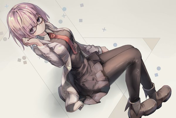 Anime picture 1486x1000 with fate (series) fate/grand order mash kyrielight huanxiang huifeng single looking at viewer blush fringe short hair sitting purple eyes pink hair full body ahoge long sleeves arm up from above open clothes open jacket dutch angle