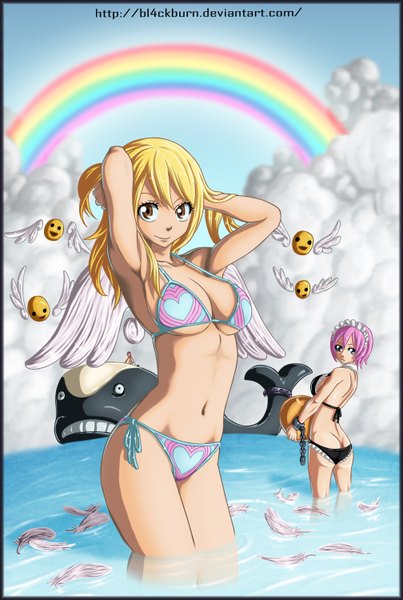 Anime picture 1008x1500 with fairy tail lucy heartfilia natsu dragneel virgo (fairy tail) bl4ckburn long hair tall image short hair blue eyes light erotic blonde hair brown eyes sky purple hair cloud (clouds) looking back light smile armpit (armpits) coloring arms behind head