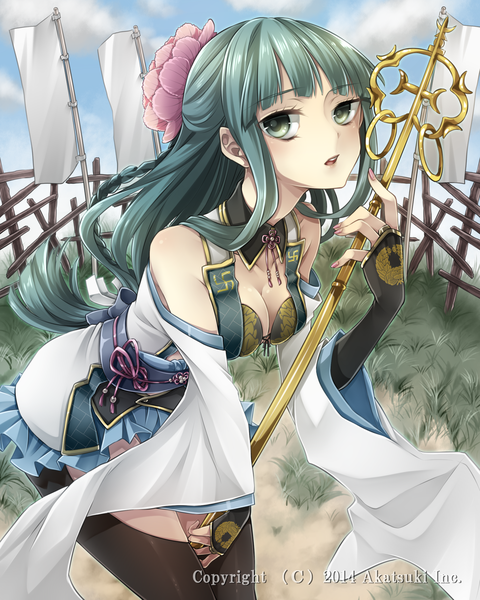 Anime picture 1920x2400 with original takamiya ren single long hair tall image looking at viewer highres blue eyes bare shoulders traditional clothes hair flower green hair girl hair ornament flower (flowers) detached sleeves staff
