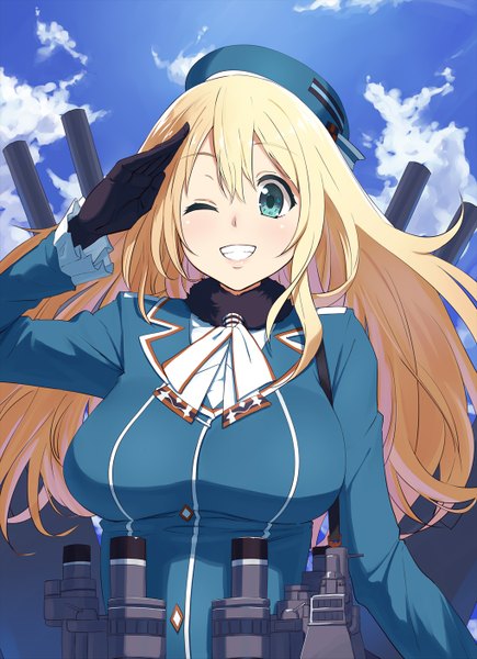 Anime picture 1020x1405 with kantai collection atago heavy cruiser omaru gyuunyuu single long hair tall image blue eyes blonde hair smile sky cloud (clouds) one eye closed wink girl dress gloves black gloves