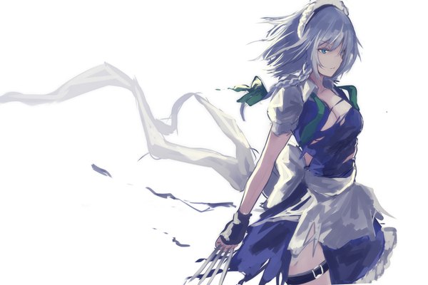 Anime picture 1000x668 with touhou izayoi sakuya nakaichi (ridil) single fringe short hair breasts blue eyes light erotic simple background standing looking away silver hair braid (braids) maid torn clothes side braid girl dress uniform