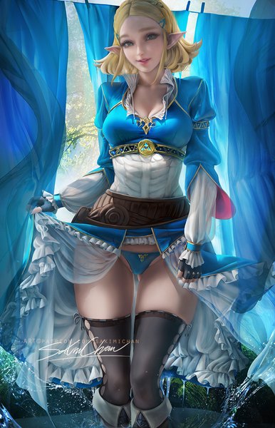 Anime picture 687x1068 with the legend of zelda the legend of zelda: breath of the wild nintendo princess zelda sakimichan single tall image looking at viewer short hair breasts blue eyes light erotic blonde hair standing signed payot cleavage outdoors parted lips light smile