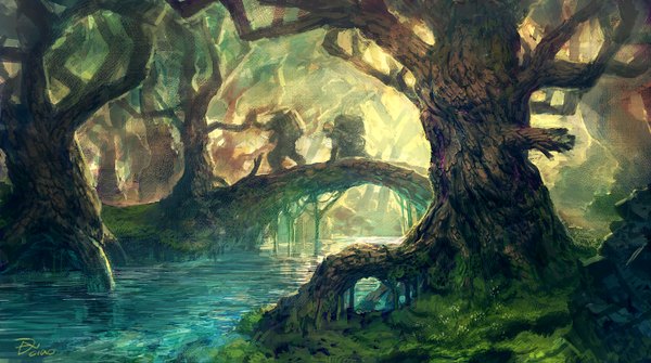 Аниме картинка 1500x839 с оригинальное изображение danciao широкое изображение подписанный пейзаж река растение (растения) дерево (деревья) вода трава лес рюкзак корни