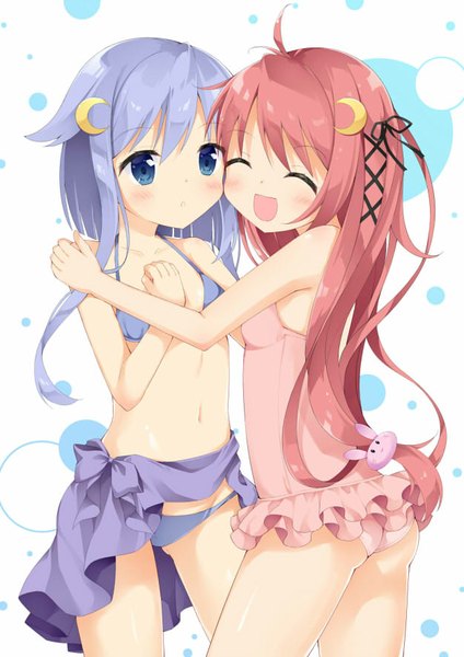 Anime picture 626x885 with kantai collection uzuki destroyer yayoi destroyer maccha long hair tall image looking at viewer open mouth blue eyes light erotic simple background smile bare shoulders multiple girls blue hair pink hair purple hair ahoge red hair eyes closed