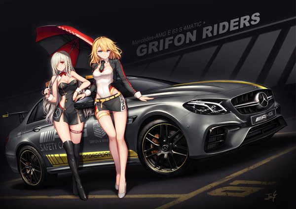 Anime picture 4096x2896 with girls frontline mercedes-benz g36 (girls frontline) g36c (girls frontline) baek hyang long hair looking at viewer fringe highres breasts blue eyes blonde hair hair between eyes red eyes large breasts standing bare shoulders multiple girls holding signed