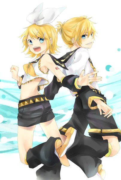 Anime picture 2362x3507 with vocaloid kagamine rin kagamine len kuronyanko tall image looking at viewer blush highres short hair open mouth blue eyes blonde hair bare shoulders twins girl boy hair ornament bow hair bow detached sleeves