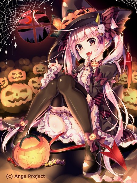 Anime picture 775x1034 with ange vierge sophina sakuragi ren single long hair tall image looking at viewer open mouth sitting twintails brown eyes pink hair tail horn (horns) halloween demon girl demon tail demon wings oni horns knees together feet apart