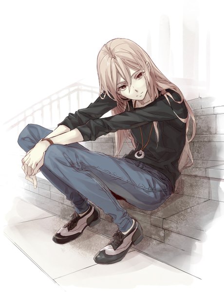 Anime picture 1000x1303 with inazuma eleven afuro terumi izumi (nagashi) single long hair tall image blonde hair sitting brown eyes looking away otoko no ko boy choker boots bracelet pendant stairs