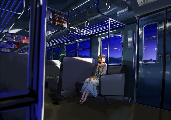 Anime picture 1404x992 with original kuronokuro single short hair brown hair sitting brown eyes looking away cloud (clouds) train interior girl dress headphones