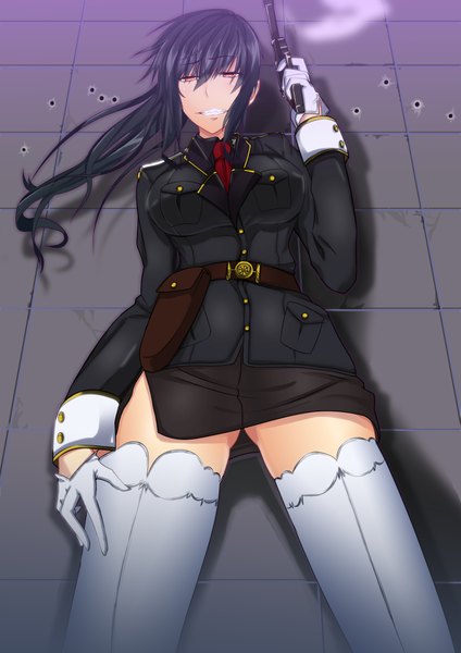 Anime picture 2893x4092 with original 1 (kawaseha) single long hair tall image highres black hair smile red eyes girl thighhighs gloves uniform weapon white thighhighs gun military uniform pistol