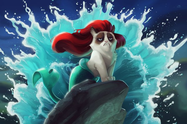 Anime-Bild 1280x853 mit the little mermaid disney ariel grumpy cat tsaoshin long hair blue eyes red hair parody humor animal water cat stone (stones) wave (waves) mermaid