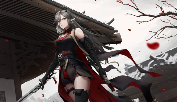 Anime picture 4726x2716 with arknights qiubai (arknights) ressec single long hair fringe highres hair between eyes red eyes wide image absurdres horn (horns) pointy ears grey hair from below girl weapon plant (plants) earrings petals