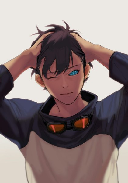 Anime picture 719x1024 with kekkai sensen studio bones leonardo watch tagme (artist) single tall image looking at viewer fringe short hair blue eyes simple background brown hair white background one eye closed light smile arms up goggles around neck boy goggles