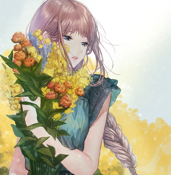 Anime picture 1000x1023 with original cako asida single long hair tall image blue eyes brown hair payot looking away upper body braid (braids) parted lips wind lipstick single braid pink lipstick girl dress flower (flowers) bouquet