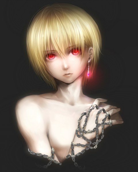 Anime picture 1000x1250 with hunter x hunter kurapica ao+beni single tall image short hair simple background blonde hair red eyes bare shoulders black background boy earrings chain