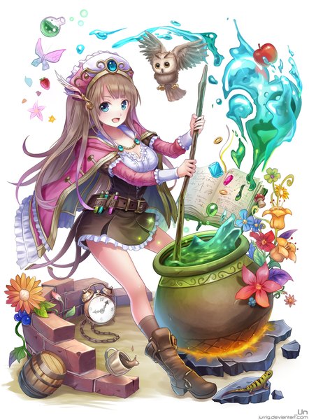 Anime picture 2800x3800 with jurrig single long hair tall image blush highres open mouth blue eyes brown hair girl dress hair ornament flower (flowers) animal boots bird (birds) book (books) insect butterfly fruit