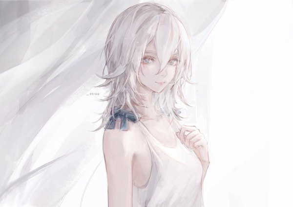 Anime picture 900x634 with nier nier replicant yonah keiuu single looking at viewer fringe short hair smile hair between eyes signed upper body white hair grey eyes sleeveless girl