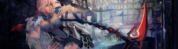 Anime picture 2000x550 with amaiyu (miryu) single looking at viewer fringe short hair breasts wide image holding looking away pink hair cleavage lips girl weapon armor scythe