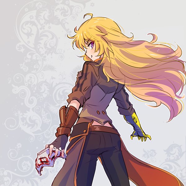 Anime picture 2000x2000 with rwby rooster teeth yang xiao long iesupa single long hair looking at viewer highres simple background blonde hair purple eyes ahoge one eye closed looking back from behind grey background outline girl gloves jacket