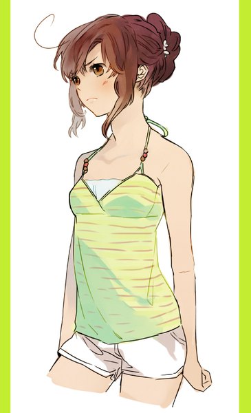 Anime picture 528x866 with axis powers hetalia studio deen south italy (hetalia) flowerchorus single tall image short hair simple background brown hair white background bare shoulders brown eyes payot looking away ahoge alternate costume alternate hairstyle genderswap girl shorts