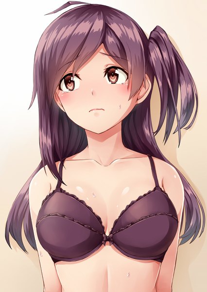 Anime picture 852x1200 with kantai collection hagikaze (kantai collection) kamelie single long hair tall image blush fringe breasts light erotic simple background bare shoulders brown eyes payot looking away purple hair upper body ahoge sweat embarrassed