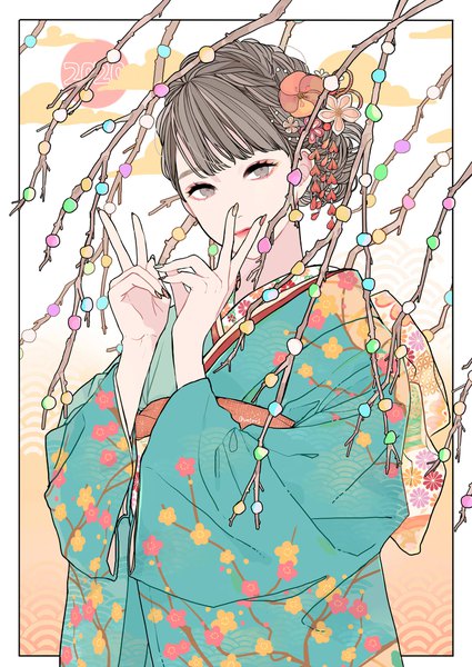 Anime picture 1500x2118 with original kko (um7mr) single tall image looking at viewer fringe black hair upper body blunt bangs nail polish traditional clothes japanese clothes grey eyes lipstick victory red lipstick new year 2020 nail art multicolored nail polish