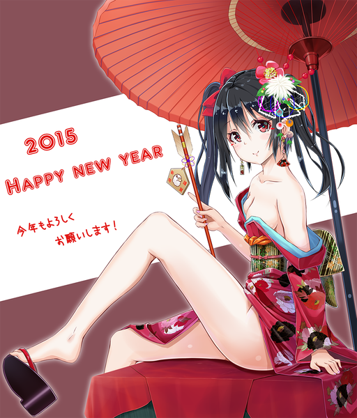 Anime picture 1023x1200 with love live! school idol project sunrise (studio) love live! yazawa nico nazhi single long hair tall image light erotic black hair smile red eyes twintails traditional clothes japanese clothes hair flower bare legs new year happy new year 2015