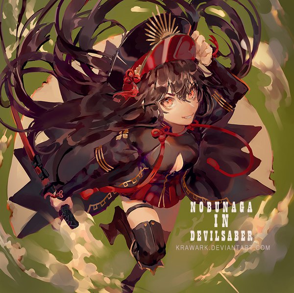 Anime picture 802x800 with fate (series) fate/grand order koha-ace oda nobunaga (fate) (all) oda nobunaga (fate) renos single long hair fringe black hair smile hair between eyes red eyes bent knee (knees) from above adjusting hat girl weapon hat sword