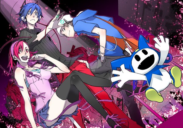 Anime picture 1181x828 with shin megami tensei jack frost (rise of the guardians) protagonist (devil survivor) kihara atsurou tanigawa yuzu miwa shirow short hair open mouth smile brown hair sitting bare shoulders brown eyes blue hair pink hair pink eyes looking back from behind crossed legs hands in pockets