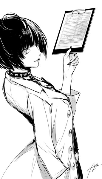 Anime picture 1000x1750 with persona 5 persona takemi tae yuu (isis7796) single tall image looking at viewer short hair simple background white background holding signed ahoge nail polish from above monochrome girl choker buttons labcoat