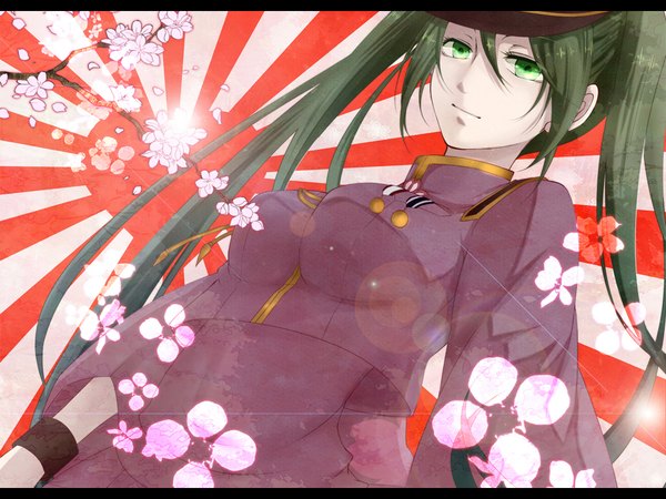Anime picture 1024x768 with vocaloid senbonzakura (vocaloid) hatsune miku oyatunoousama single long hair fringe hair between eyes twintails green eyes looking away green hair cherry blossoms letterboxed girl
