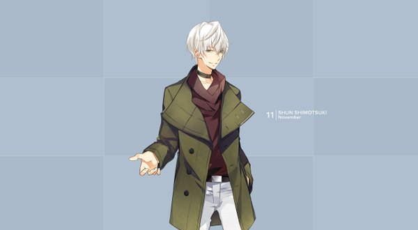Anime picture 1282x706 with tsukiuta shimotsuki shun tagme (artist) single looking at viewer short hair simple background smile wide image yellow eyes white hair light smile grey background open clothes open jacket official art character names outstretched arm hand in pocket boy