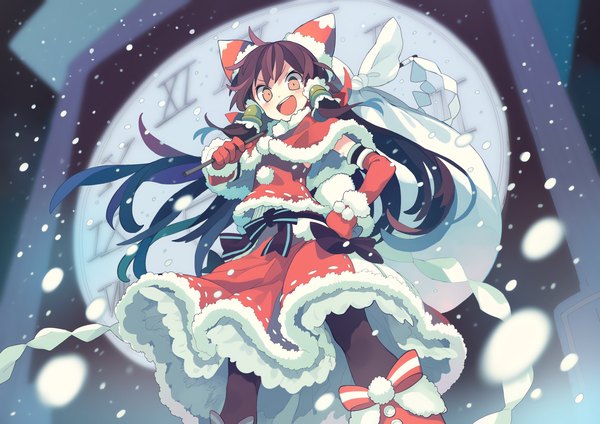 Anime picture 2200x1556 with touhou hakurei reimu morino hon single long hair looking at viewer highres open mouth smile red eyes brown hair blurry fur trim hand on hip snowing christmas girl skirt gloves pantyhose