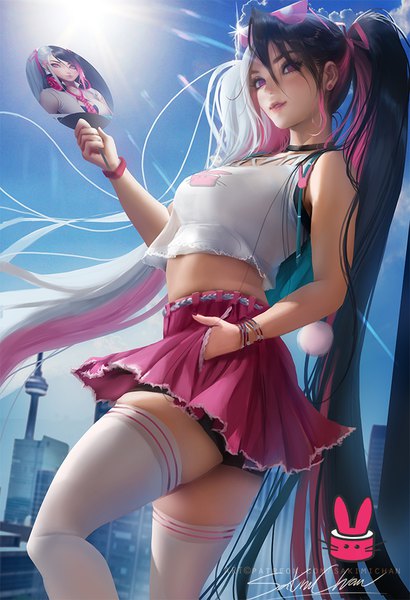 Anime picture 684x1000 with original kimi (sakimichan) sakimichan single long hair tall image looking at viewer fringe black hair hair between eyes standing purple eyes twintails holding signed pink hair sky cloud (clouds) outdoors white hair
