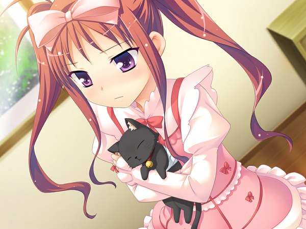 Anime picture 1024x768 with famima! (game) twintails game cg red hair pink eyes loli girl dress cat