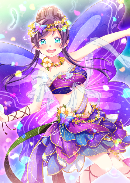 Anime-Bild 2122x2976 mit love live! school idol project sunrise (studio) love live! toujou nozomi hina (hinalovesugita) single long hair tall image looking at viewer highres open mouth blue eyes purple hair :d pointy ears midriff hair bun (hair buns) insect wings butterfly wings girl