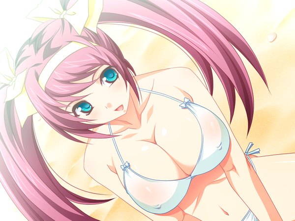 Anime picture 1024x768 with mesu ido (game) long hair breasts open mouth blue eyes light erotic twintails game cg red hair girl swimsuit bikini hairband white bikini