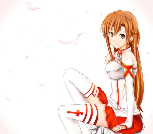 Anime picture 1081x952 with sword art online a-1 pictures yuuki asuna single long hair simple background brown hair bare shoulders brown eyes girl thighhighs skirt detached sleeves miniskirt white thighhighs